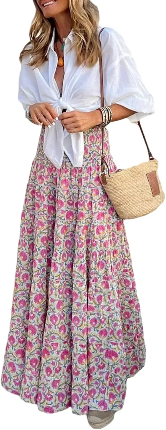 Womens Flowy Maxi Skirt Vintage Floral Print High Waist Elastic A Line Boho Beach Holiday Long Skirts
