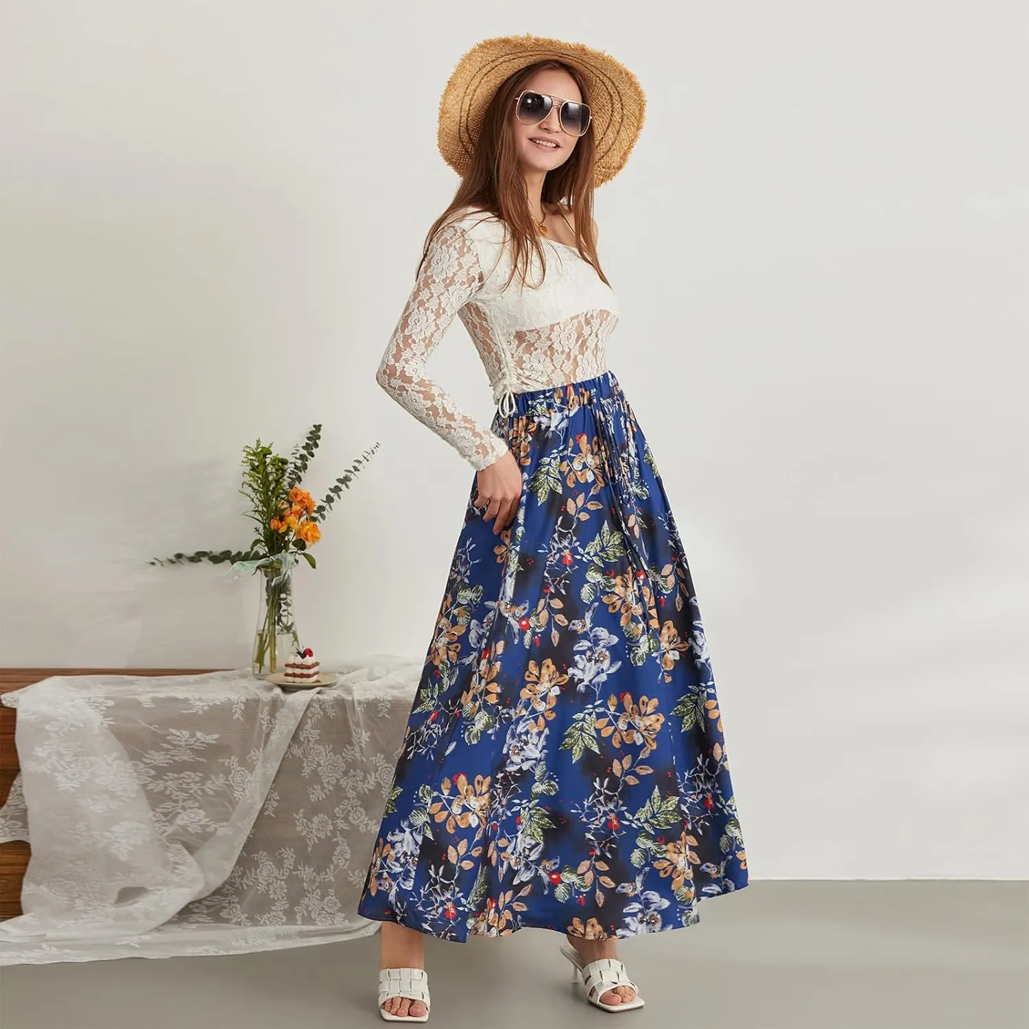 Womens Flowy Maxi Skirt Vintage Floral Print High Waist Elastic A Line Boho Beach Holiday Long Skirts