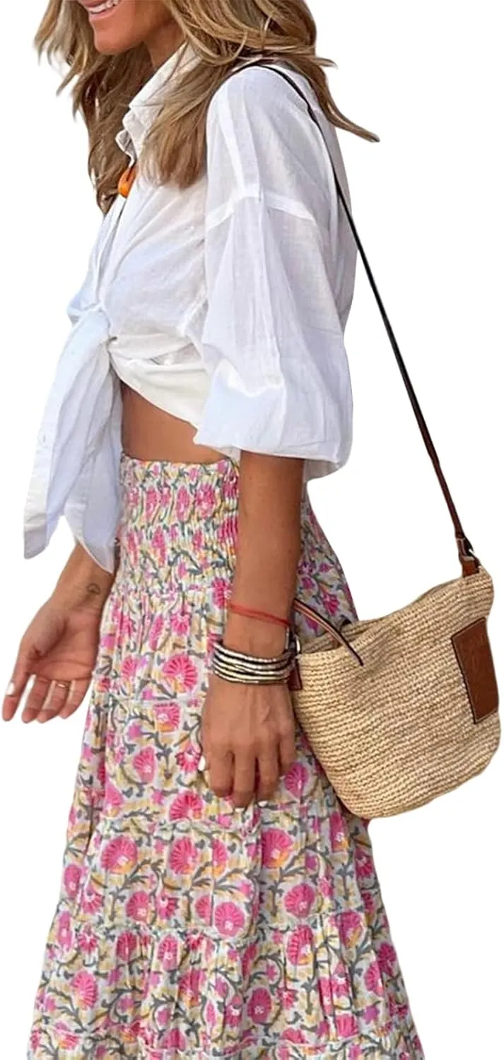 Womens Flowy Maxi Skirt Vintage Floral Print High Waist Elastic A Line Boho Beach Holiday Long Skirts
