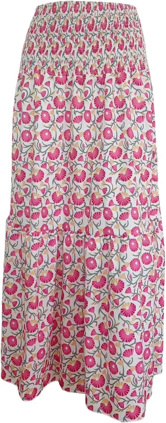 Womens Flowy Maxi Skirt Vintage Floral Print High Waist Elastic A Line Boho Beach Holiday Long Skirts
