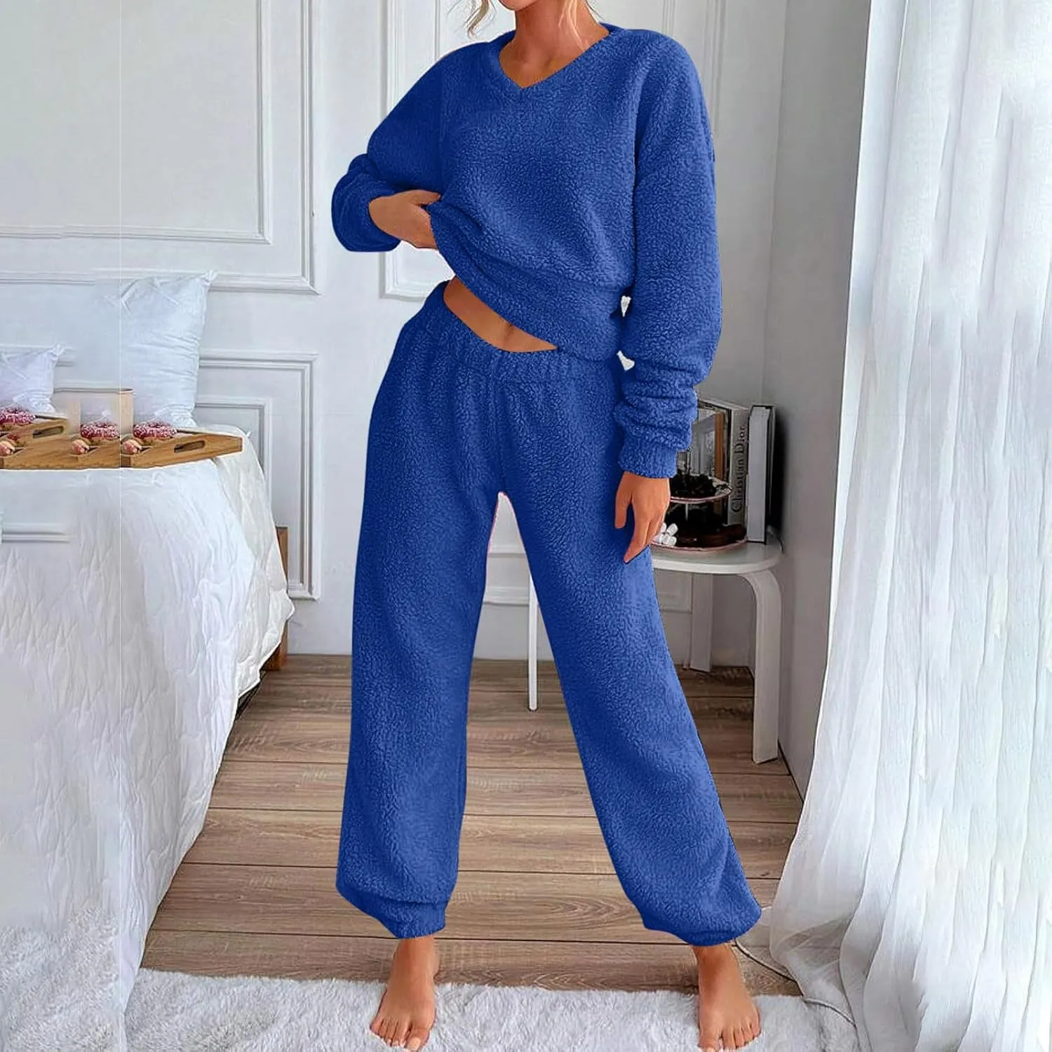 Women's Fuzzy Casual Pajamas Sets Long Sleeve Fleece V Neck Pullover Top and Pants 2 Piece Fluffy Loungewear Sleepwear