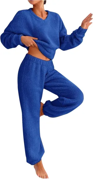 Women's Fuzzy Casual Pajamas Sets Long Sleeve Fleece V Neck Pullover Top and Pants 2 Piece Fluffy Loungewear Sleepwear