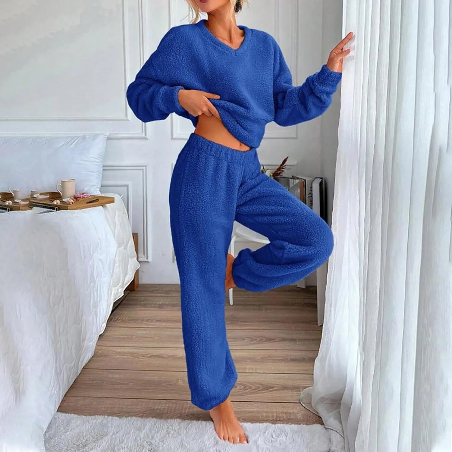 Women's Fuzzy Casual Pajamas Sets Long Sleeve Fleece V Neck Pullover Top and Pants 2 Piece Fluffy Loungewear Sleepwear