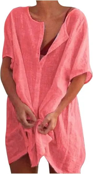 Women's Half Button Down Linen Dress 3/4 Sleeve Casual V-Neck Midi Length Dresses Summer Shirt Dress Blouse