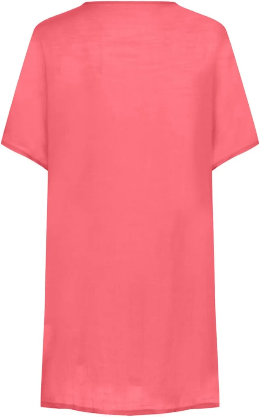 Women's Half Button Down Linen Dress 3/4 Sleeve Casual V-Neck Midi Length Dresses Summer Shirt Dress Blouse