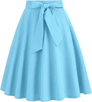 Women's High Waist A-Line Skirt Lace Up Flared Hepburn Midi Skirts Vintage Cocktail Party Swing Knee Length Skirt