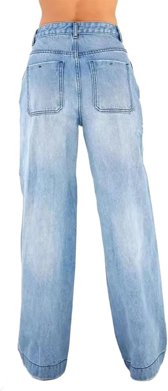 Women's High Waist Loose Straight Jeans Four Seasons Commuter Trousers Street Casual Wide Leg Denim Pants Female