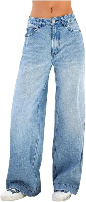 Women's High Waist Loose Straight Jeans Four Seasons Commuter Trousers Street Casual Wide Leg Denim Pants Female
