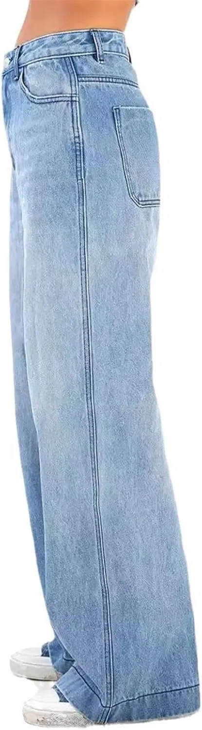 Women's High Waist Loose Straight Jeans Four Seasons Commuter Trousers Street Casual Wide Leg Denim Pants Female