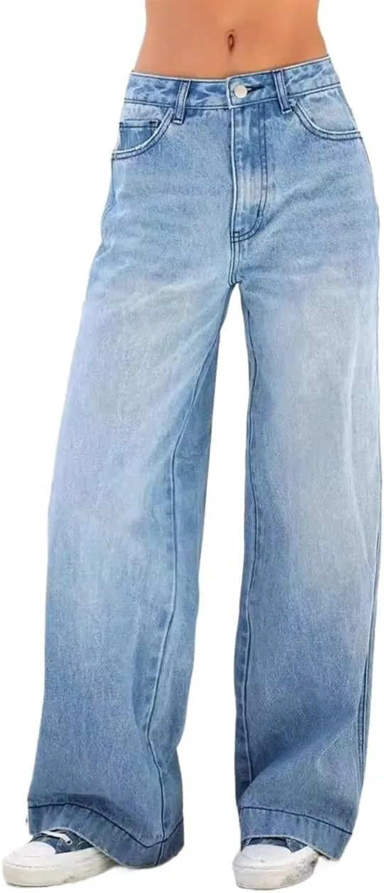 Women's High Waist Loose Straight Jeans Four Seasons Commuter Trousers Street Casual Wide Leg Denim Pants Female