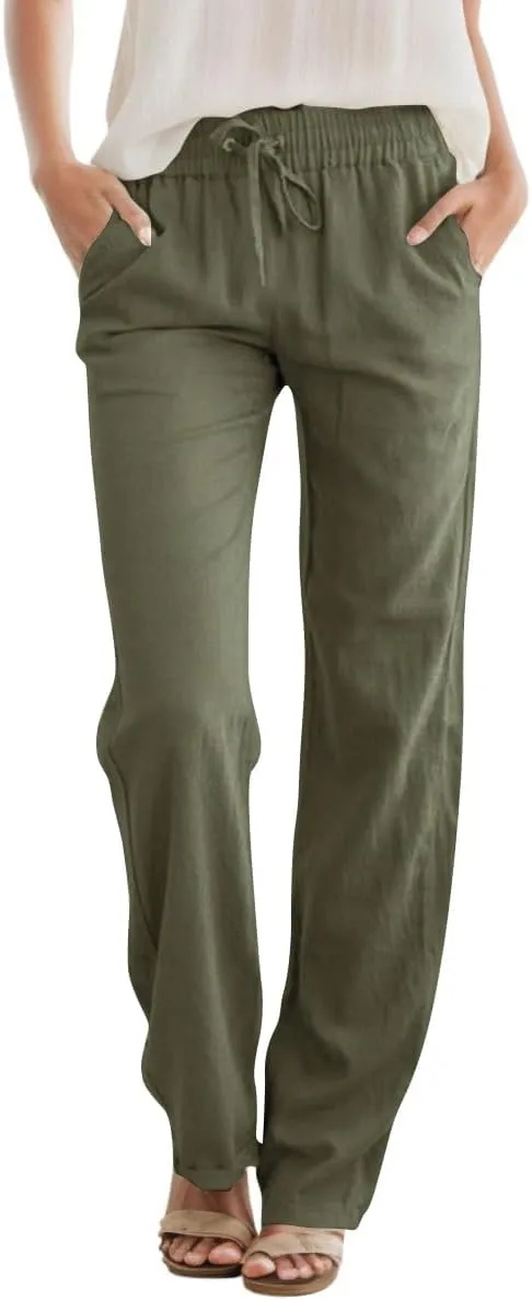 Womens High Waist Summer Casual Pants Drawstring Straight Leg Beach Vacation Lounge Trousers with Pockets Grey Green