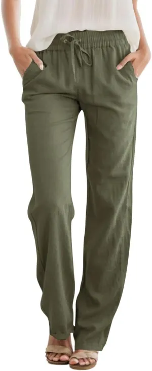 Womens High Waist Summer Casual Pants Drawstring Straight Leg Beach Vacation Lounge Trousers with Pockets Grey Green
