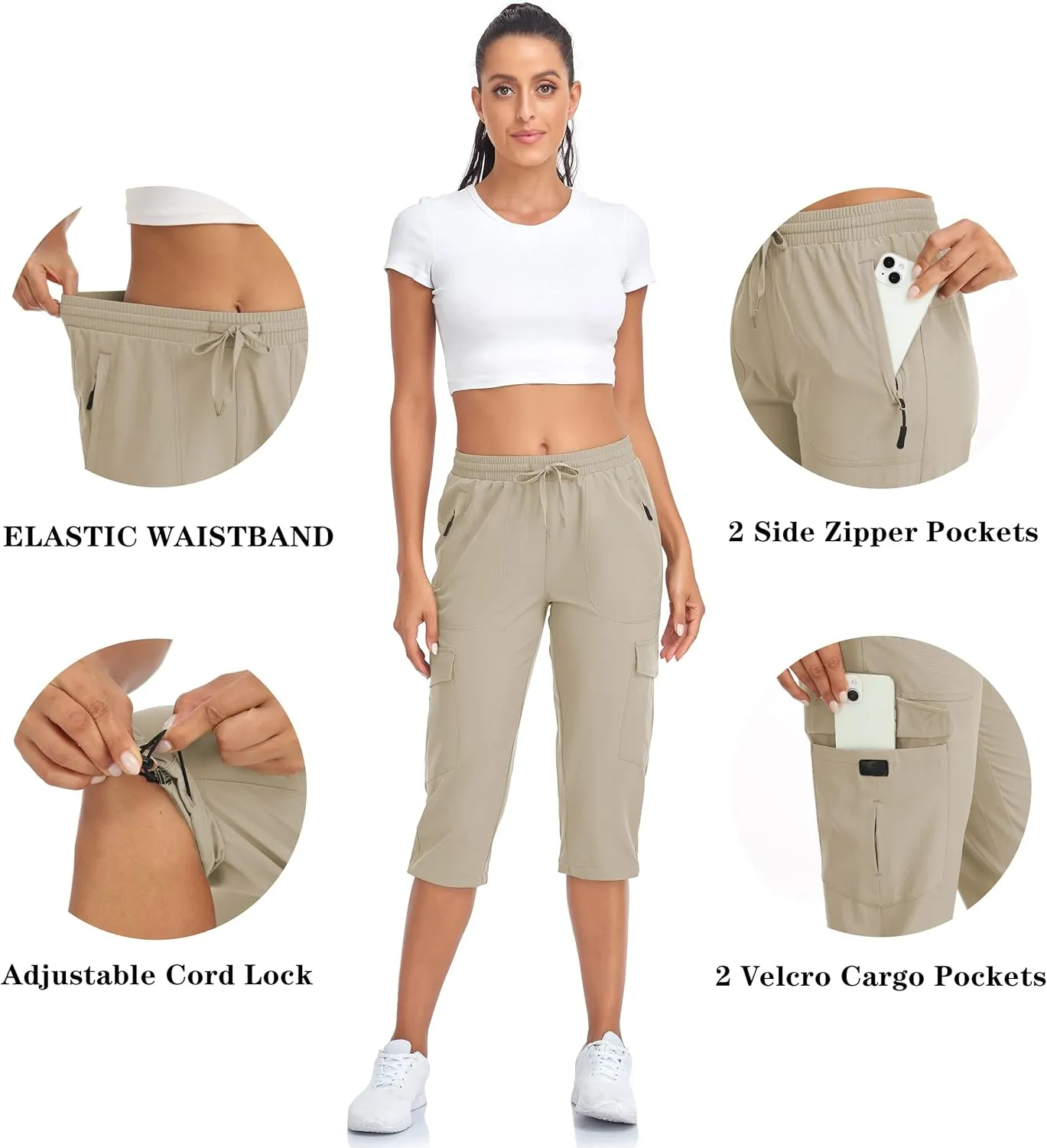 Women's Hiking Cargo Capri Pants Lightweight Quick Dry Joggers Outdoor Casual Travel Capris with Zipper Pockets