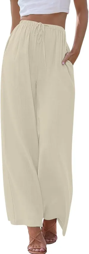 Women's Linen Summer Palazzo Pants Casual Loose Flowy Wide Leg Beach Pants with Pockets
