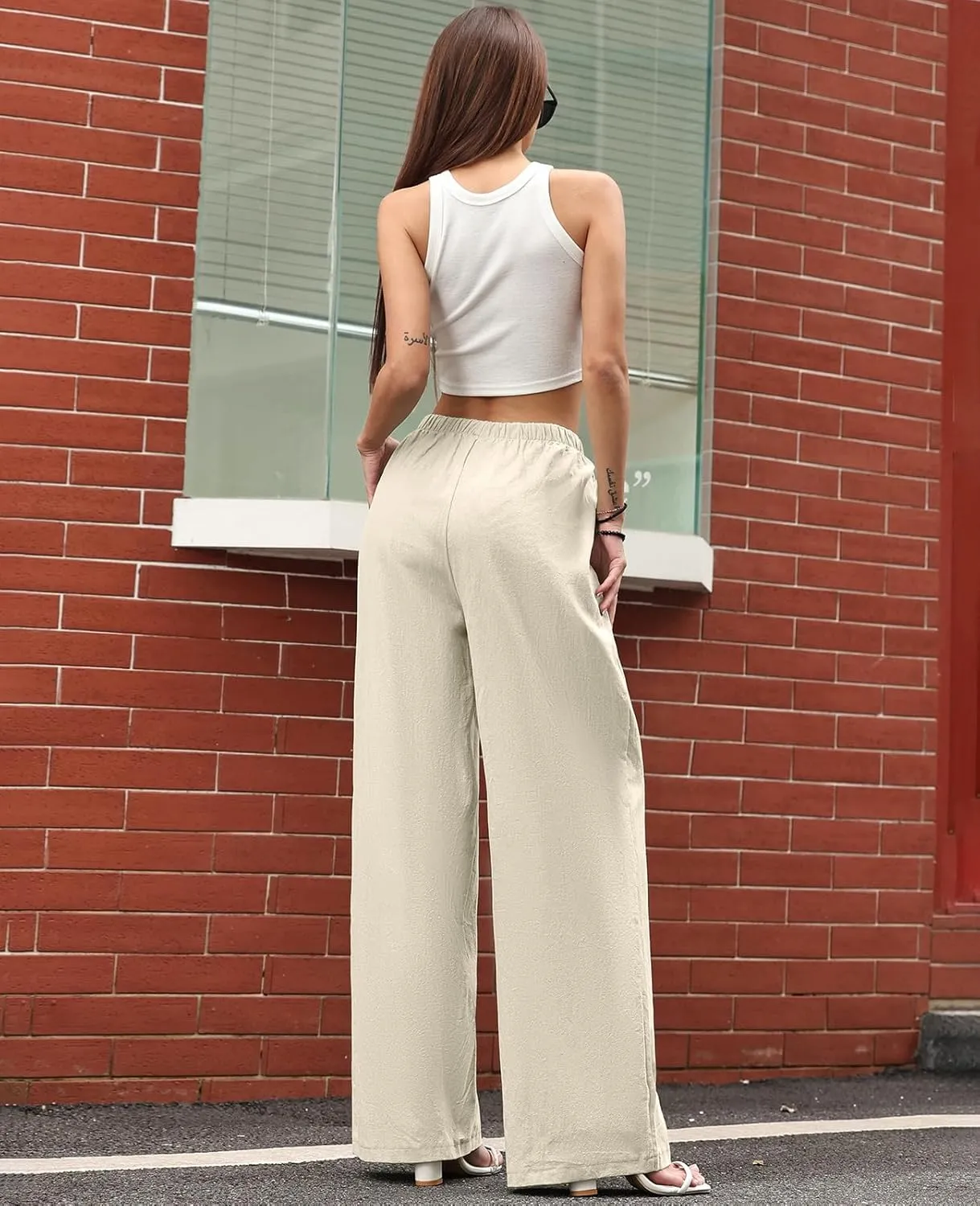 Women's Linen Summer Palazzo Pants Casual Loose Flowy Wide Leg Beach Pants with Pockets