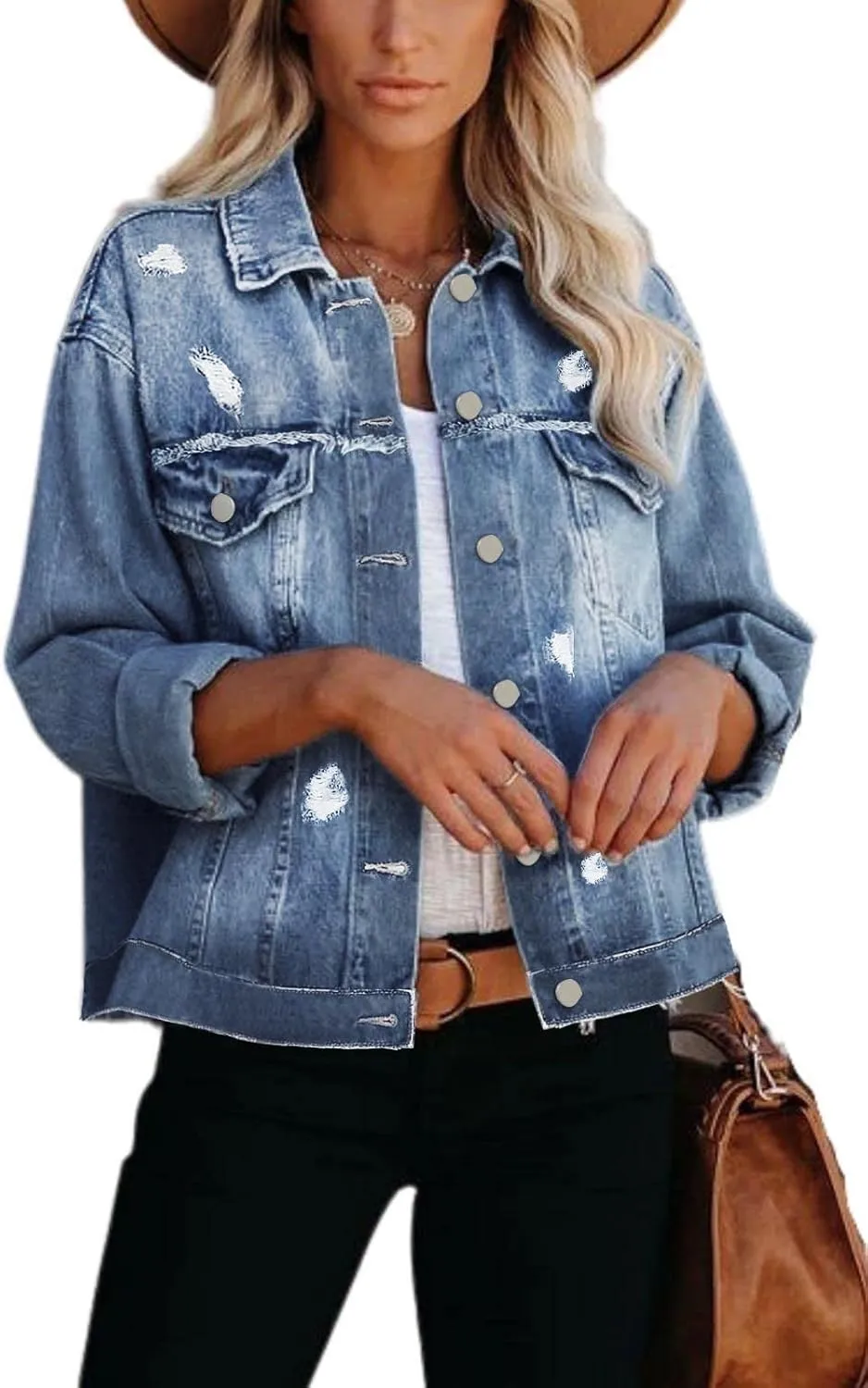 Womens Long Sleeve Washed Button Down Basic Denim Jacket With Pockets