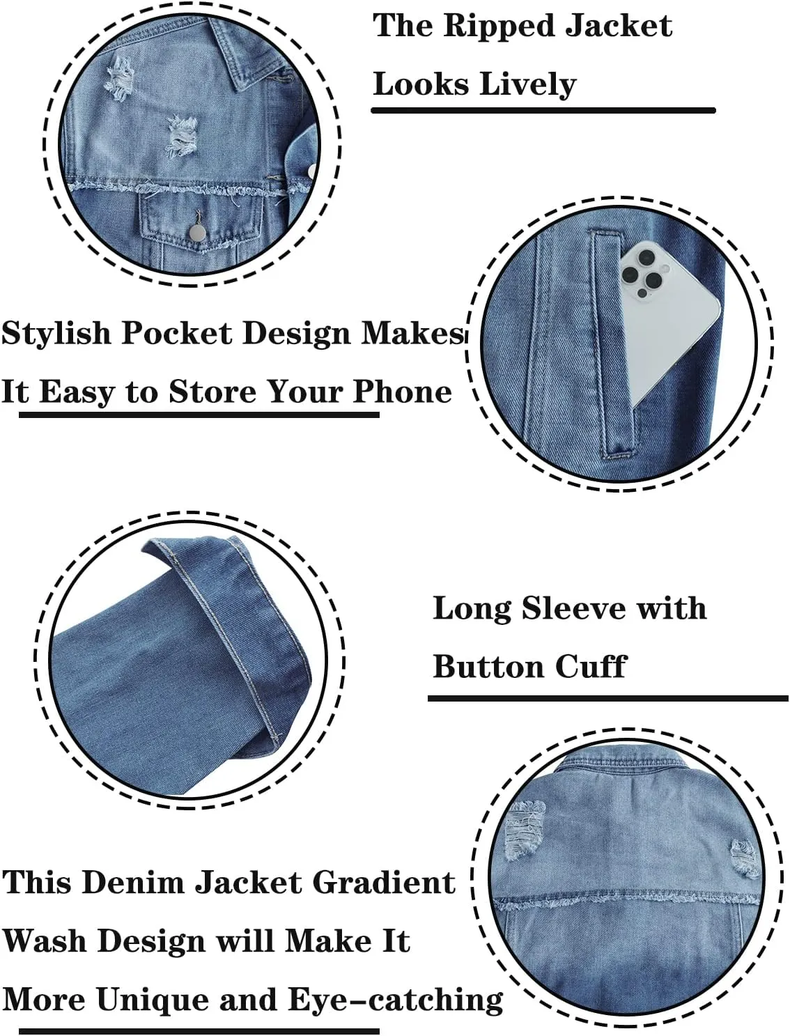 Womens Long Sleeve Washed Button Down Basic Denim Jacket With Pockets