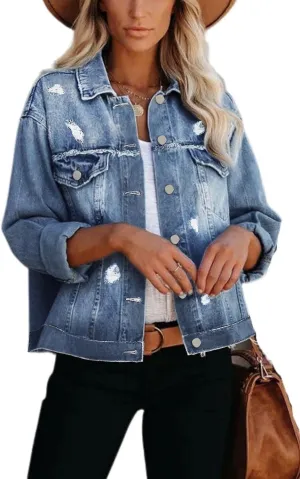 Womens Long Sleeve Washed Button Down Basic Denim Jacket With Pockets