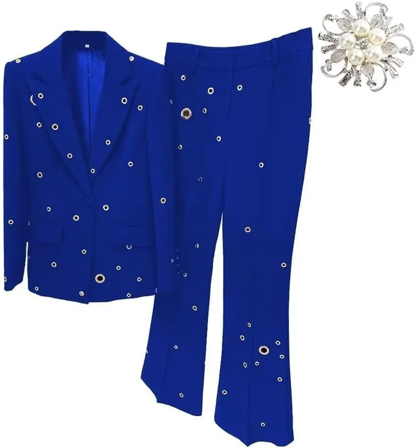 Womens Metal Hole Pant Suit Set Single Button Ladies Blazer Jacket Trouser 2 Piece Wedding Party Outfits