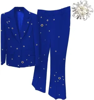 Womens Metal Hole Pant Suit Set Single Button Ladies Blazer Jacket Trouser 2 Piece Wedding Party Outfits