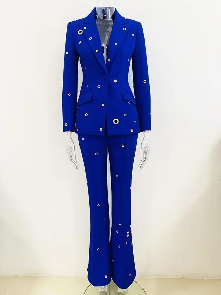 Womens Metal Hole Pant Suit Set Single Button Ladies Blazer Jacket Trouser 2 Piece Wedding Party Outfits