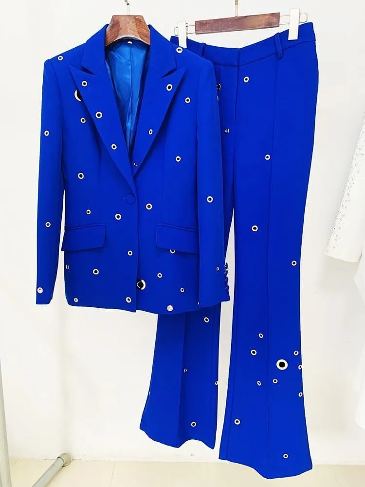 Womens Metal Hole Pant Suit Set Single Button Ladies Blazer Jacket Trouser 2 Piece Wedding Party Outfits