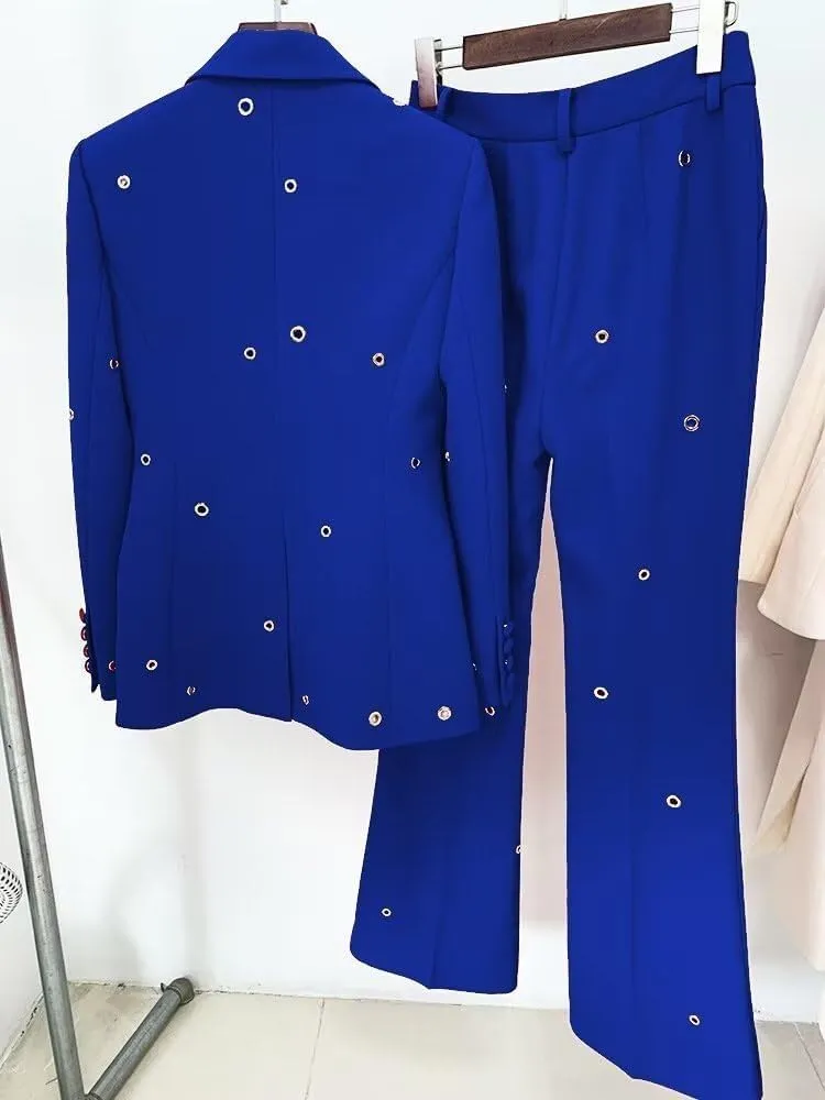 Womens Metal Hole Pant Suit Set Single Button Ladies Blazer Jacket Trouser 2 Piece Wedding Party Outfits