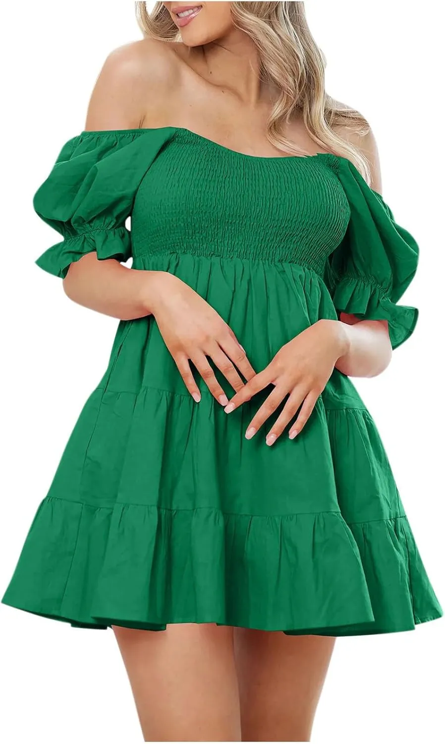 Womens Off Shoulder Sexy Mini Dresses Summer Tiered Ruffle Smocked Blouson Short Dress Solid Color Cute Beach Dress
