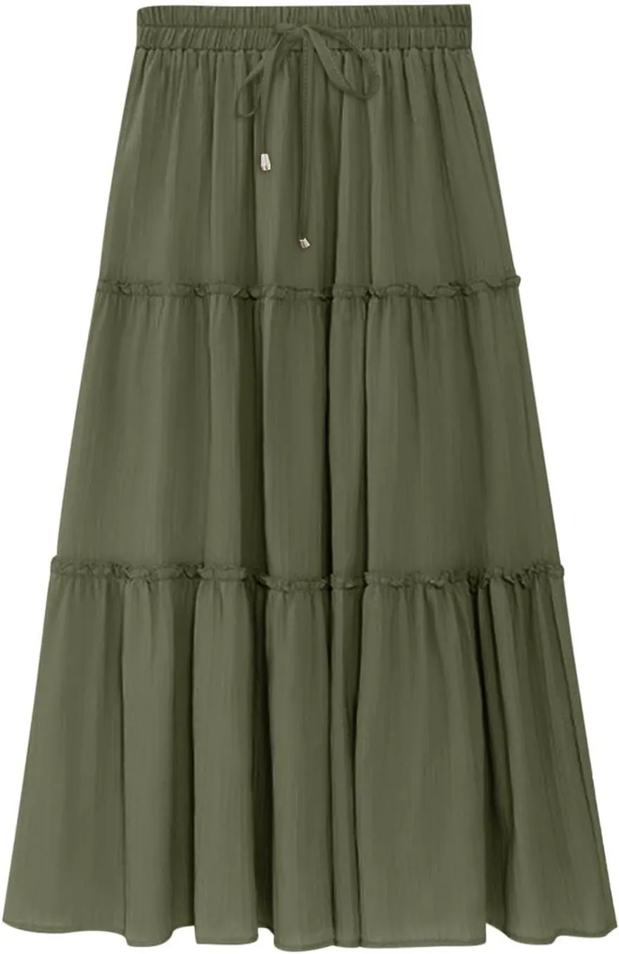 Women's Pleated Midi Skirts 2024 Casual Beach Boho Layered Flowy High Waist A-Line Ruched Swing Long Maxi Skirts