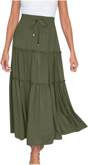 Women's Pleated Midi Skirts 2024 Casual Beach Boho Layered Flowy High Waist A-Line Ruched Swing Long Maxi Skirts
