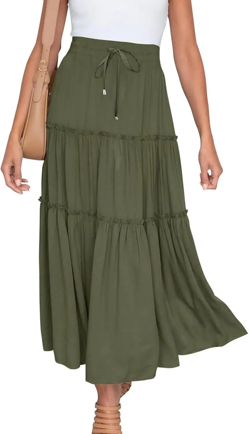 Women's Pleated Midi Skirts 2024 Casual Beach Boho Layered Flowy High Waist A-Line Ruched Swing Long Maxi Skirts