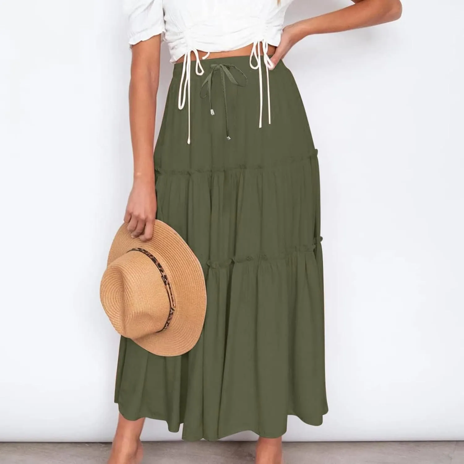 Women's Pleated Midi Skirts 2024 Casual Beach Boho Layered Flowy High Waist A-Line Ruched Swing Long Maxi Skirts
