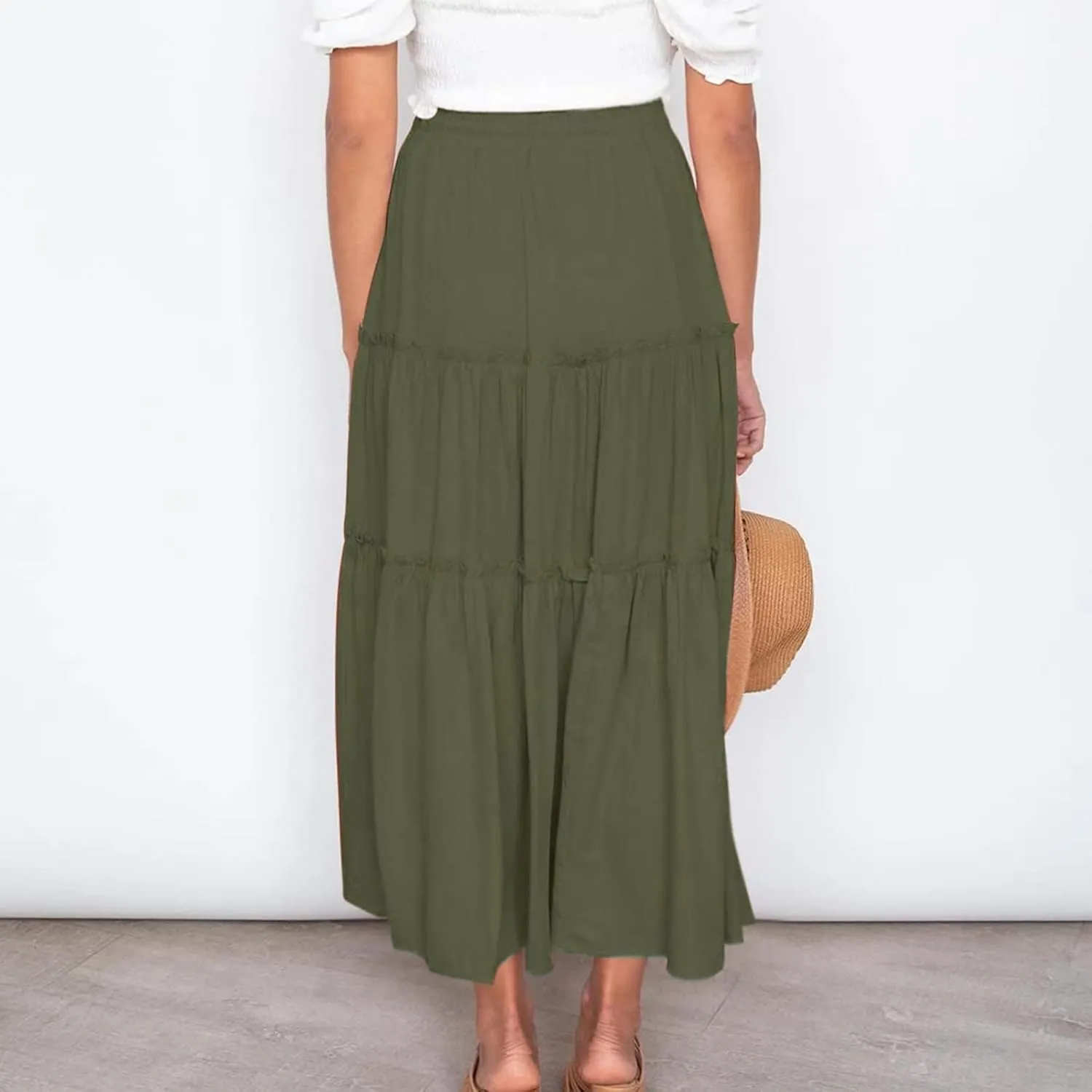 Women's Pleated Midi Skirts 2024 Casual Beach Boho Layered Flowy High Waist A-Line Ruched Swing Long Maxi Skirts