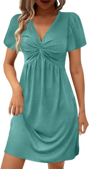 Womens Ruffle Sleeve Layered Mini Dress Smocked Waist Short Dress Boho V Neck Floral Print Cute Summer Dresses