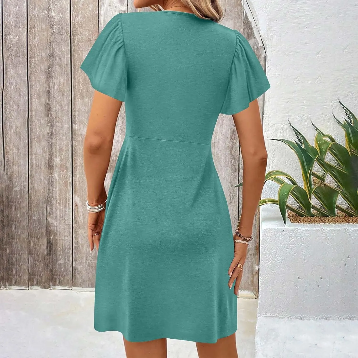 Womens Ruffle Sleeve Layered Mini Dress Smocked Waist Short Dress Boho V Neck Floral Print Cute Summer Dresses