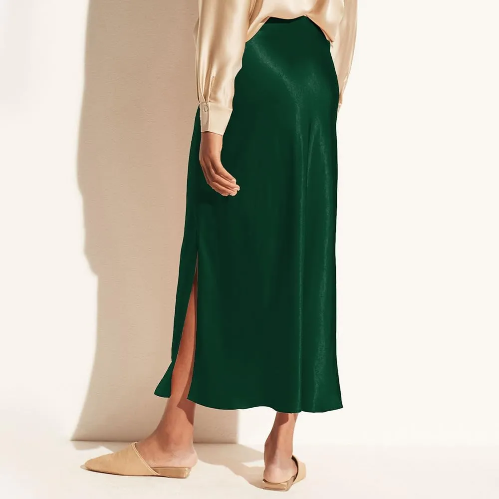 Women's Satin Midi Skirt Dressy Elastic High Waisted Silk Slip Flowy Ruffle Flared Cocktail Party Work A Line Skirts