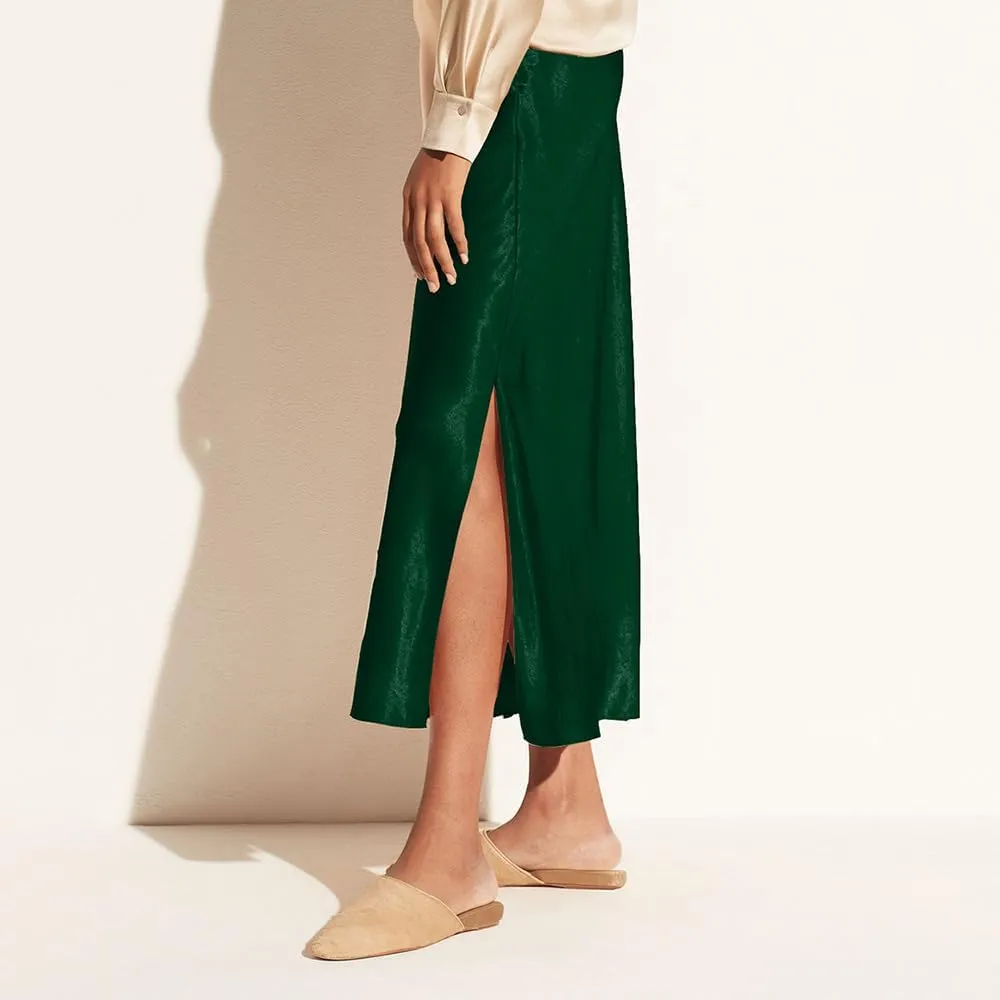 Women's Satin Midi Skirt Dressy Elastic High Waisted Silk Slip Flowy Ruffle Flared Cocktail Party Work A Line Skirts