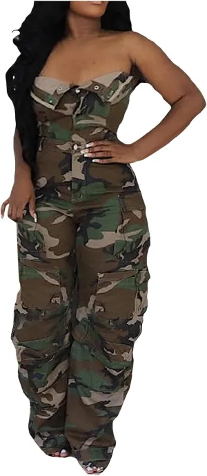 Women's Sexy Off Shoulder Tube Denim Cargo Jumpsuits Wide Leg Baggy Loose Jean Womens Jean Rompers and Jumpsuits