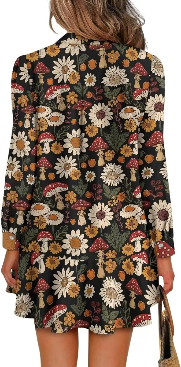 Women's Shirt Dress Long Sleeve Button Down Tunic Ruffle Shift Mini Dresses Loose Casual Work Dresses with Pockets