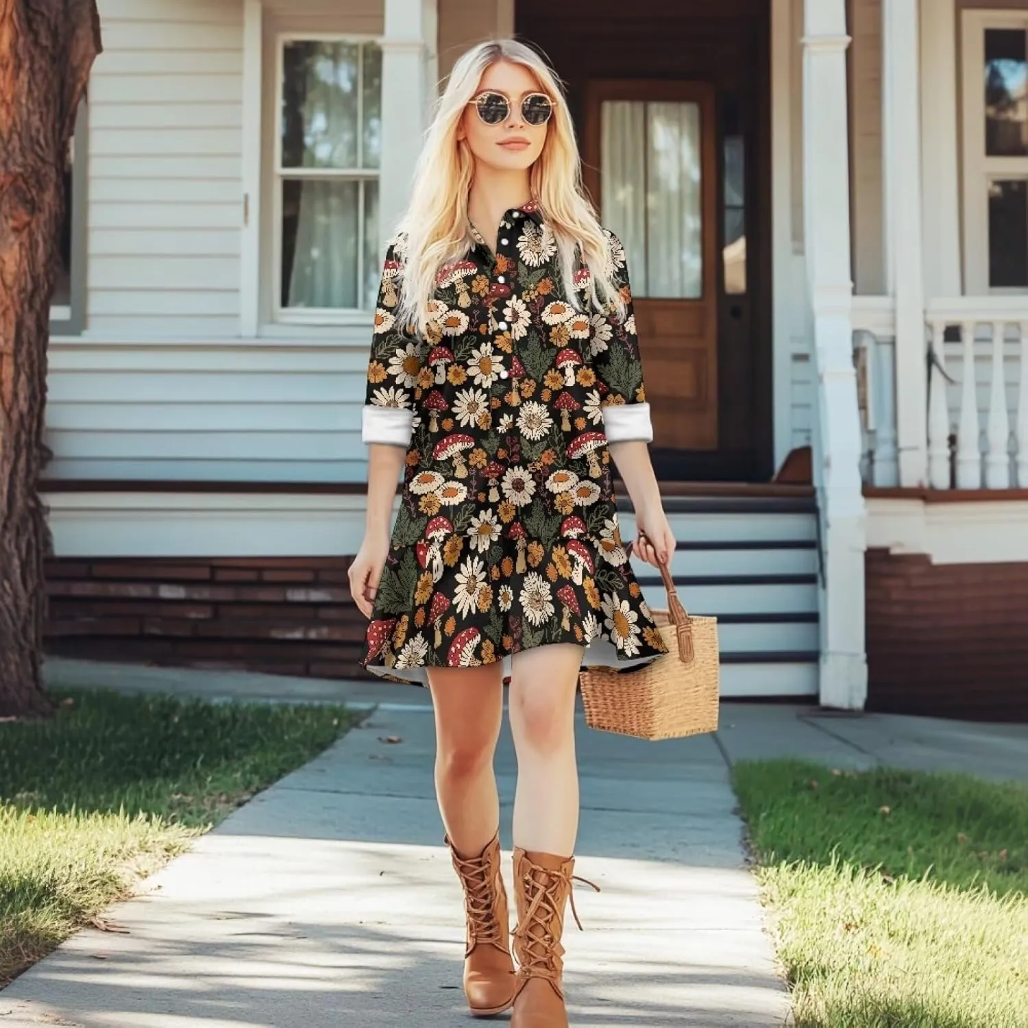 Women's Shirt Dress Long Sleeve Button Down Tunic Ruffle Shift Mini Dresses Loose Casual Work Dresses with Pockets