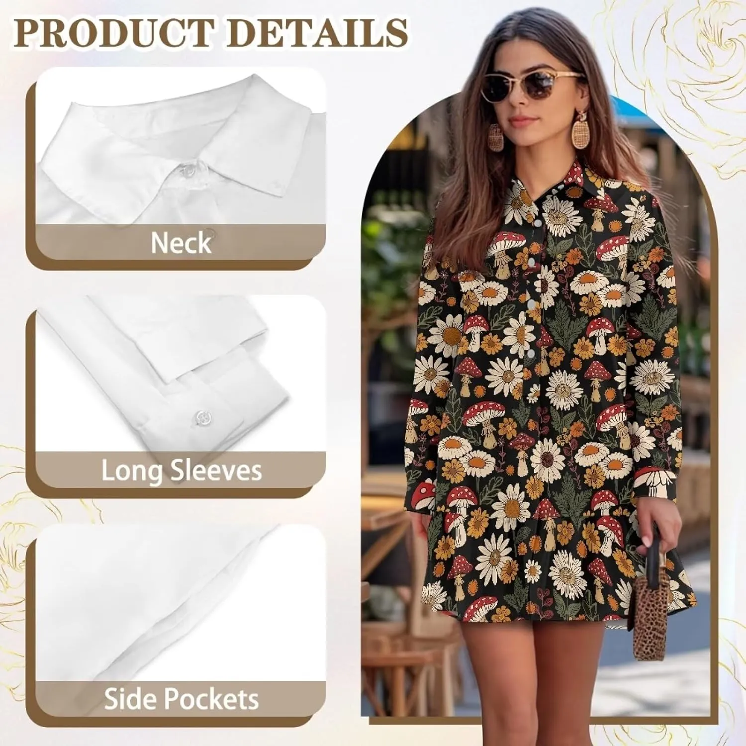 Women's Shirt Dress Long Sleeve Button Down Tunic Ruffle Shift Mini Dresses Loose Casual Work Dresses with Pockets