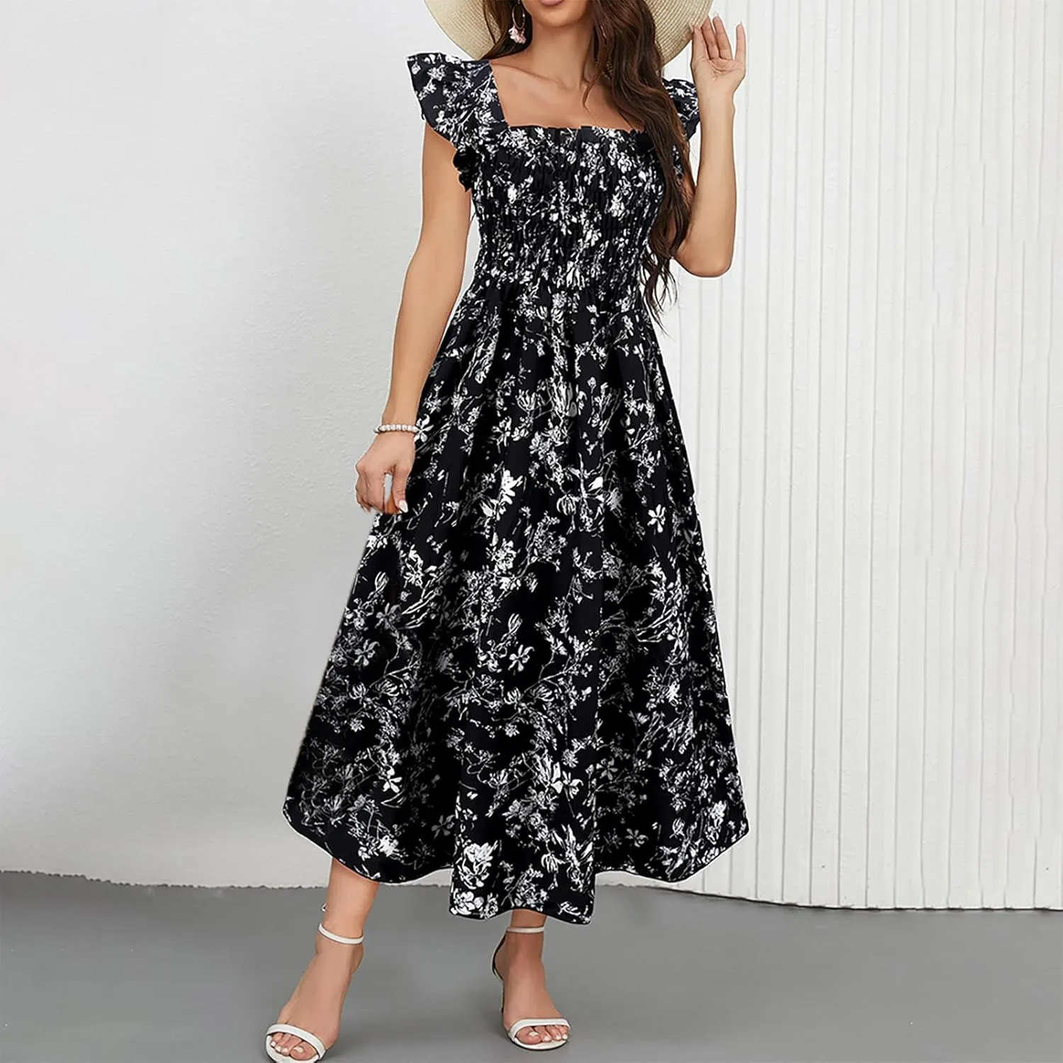 Womens Smocked Dresses Casual Wrap V Neck Ruffle Short Sleeve Floral Flowy Dress Wedding Guest A-Line Maxi Dress