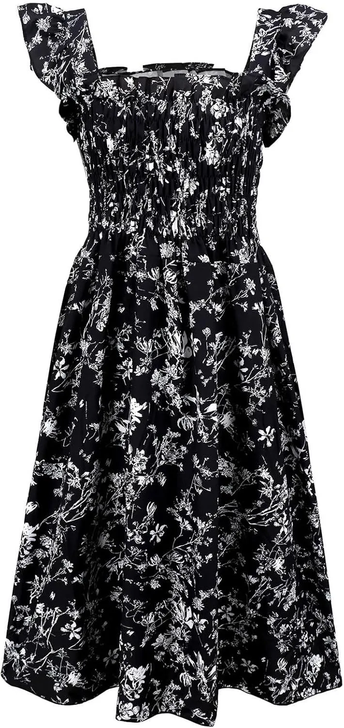 Womens Smocked Dresses Casual Wrap V Neck Ruffle Short Sleeve Floral Flowy Dress Wedding Guest A-Line Maxi Dress
