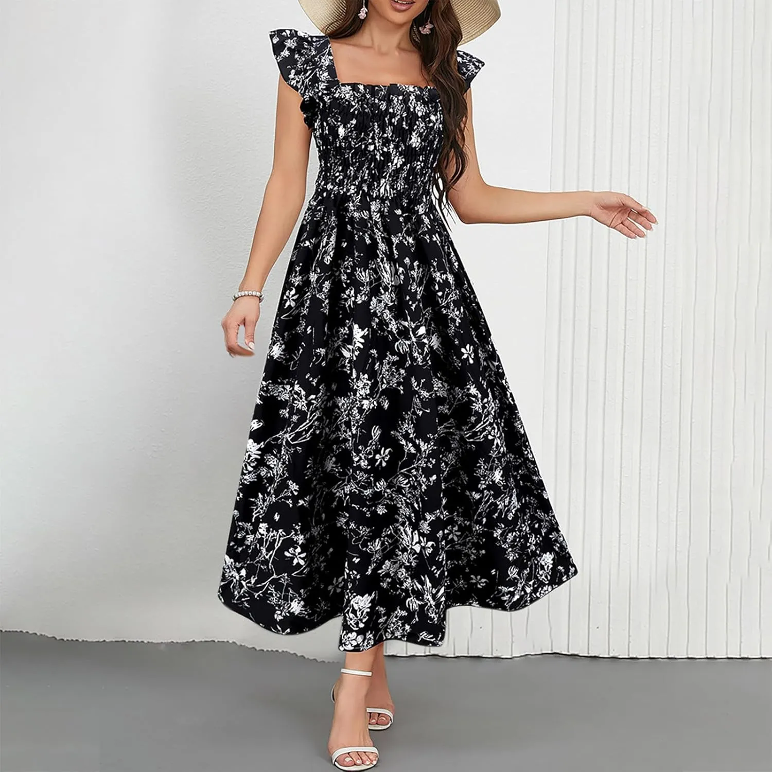 Womens Smocked Dresses Casual Wrap V Neck Ruffle Short Sleeve Floral Flowy Dress Wedding Guest A-Line Maxi Dress