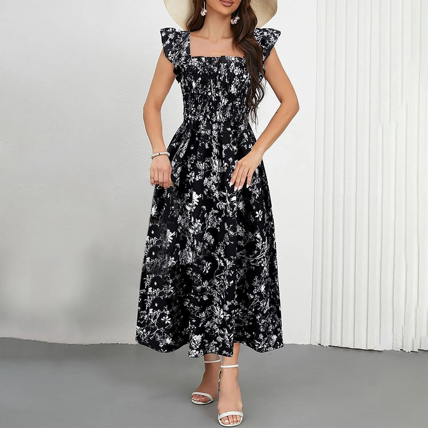 Womens Smocked Dresses Casual Wrap V Neck Ruffle Short Sleeve Floral Flowy Dress Wedding Guest A-Line Maxi Dress
