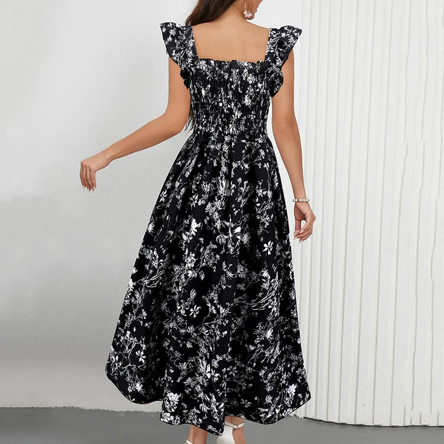 Womens Smocked Dresses Casual Wrap V Neck Ruffle Short Sleeve Floral Flowy Dress Wedding Guest A-Line Maxi Dress