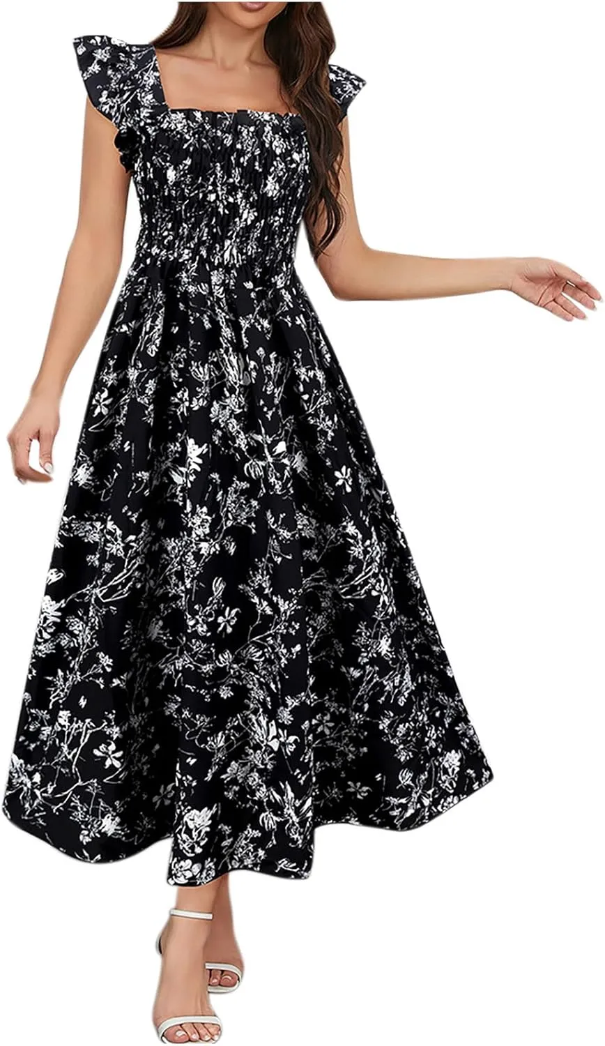 Womens Smocked Dresses Casual Wrap V Neck Ruffle Short Sleeve Floral Flowy Dress Wedding Guest A-Line Maxi Dress