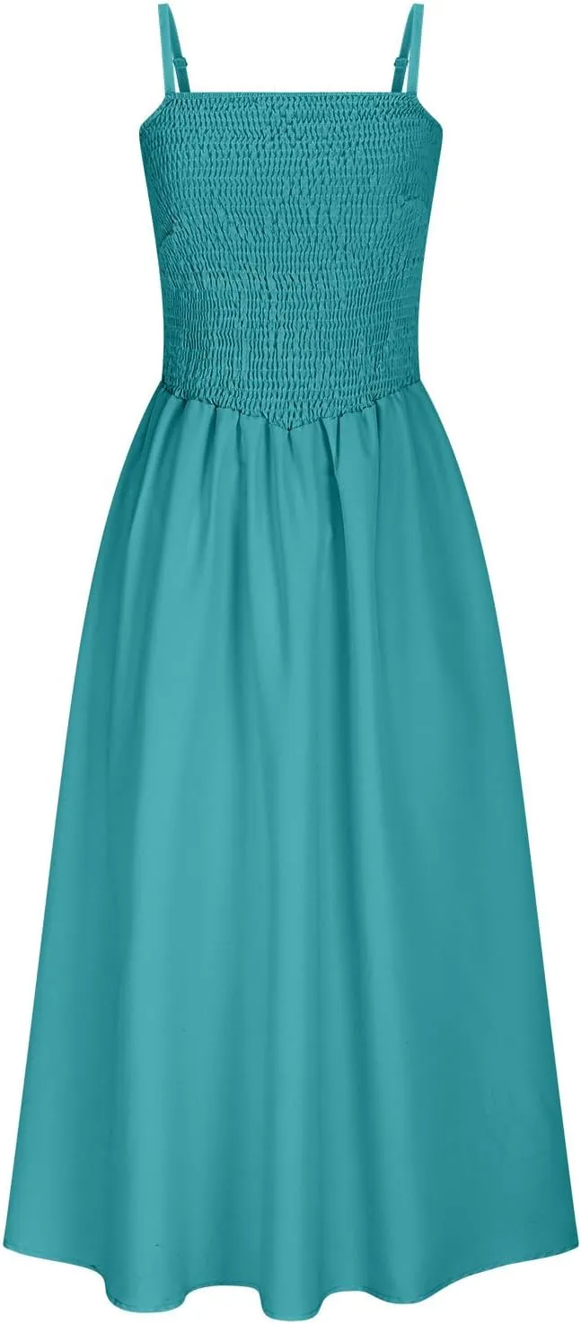 Womens Smocked Maxi Dresses 2025 Summer Trendy Beach Sundress Casual Spaghetti Strap Swing Flowy A Line Long Dress