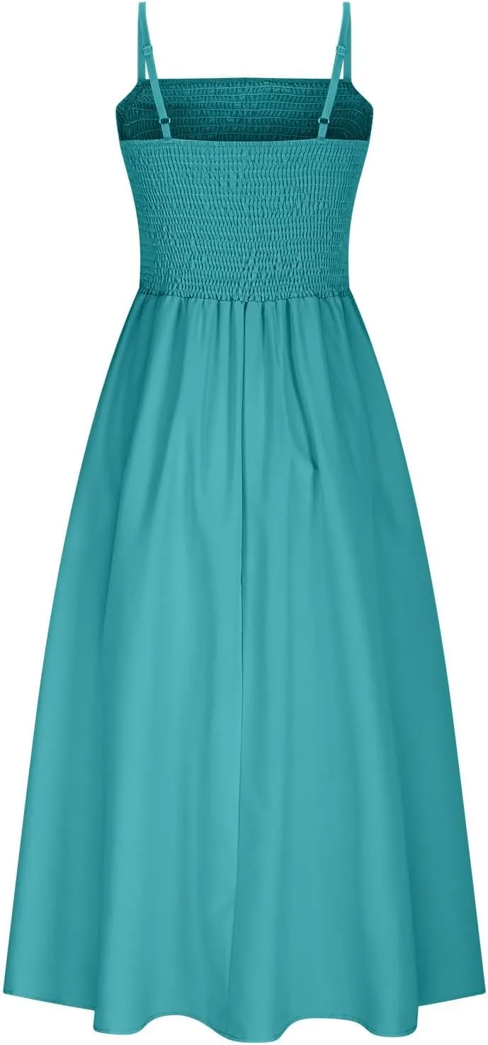 Womens Smocked Maxi Dresses 2025 Summer Trendy Beach Sundress Casual Spaghetti Strap Swing Flowy A Line Long Dress