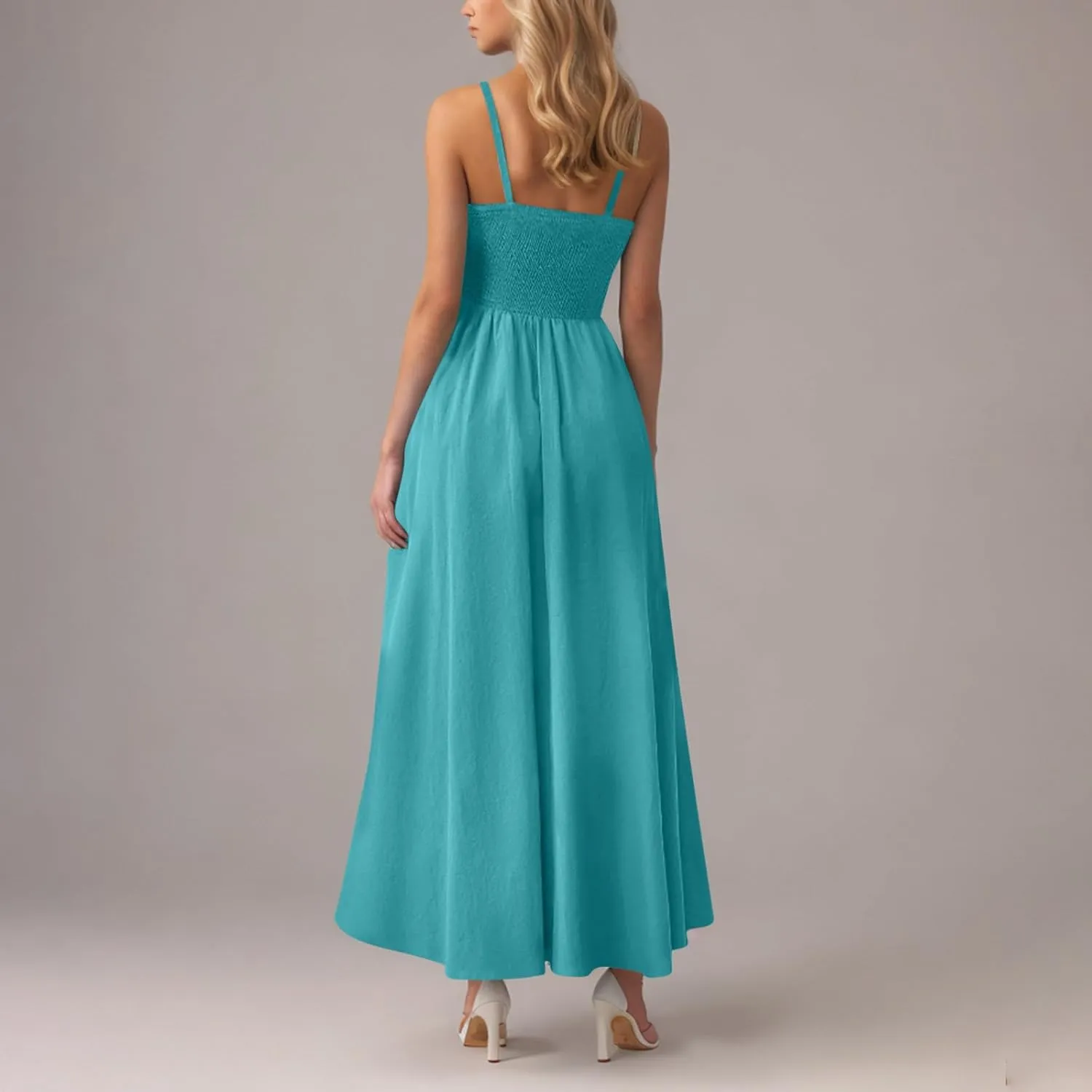 Womens Smocked Maxi Dresses 2025 Summer Trendy Beach Sundress Casual Spaghetti Strap Swing Flowy A Line Long Dress